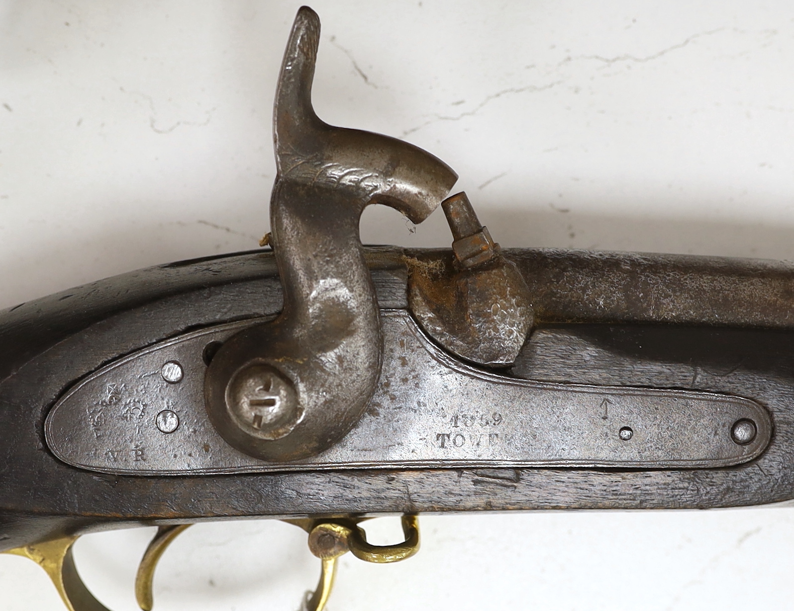 A Victorian percussion cap rifle (Tower Carbine), lock stamped 1859 TOWER and VR cypher, two barrel bands and compartment in stock, barrel 74cm